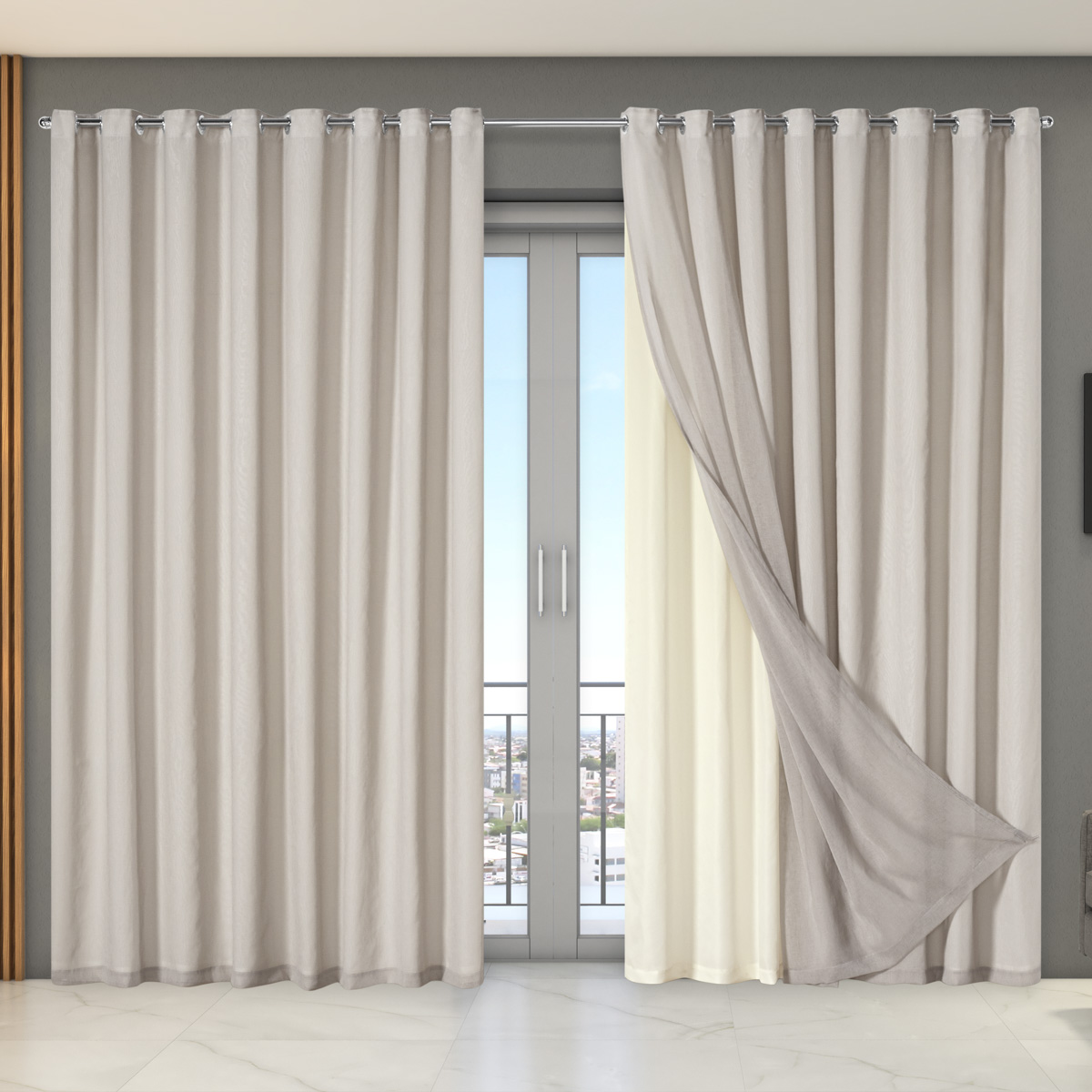 Cortina Dual Forro com Voil Gaze Belga 2,70 m x 2,30 m - Bege