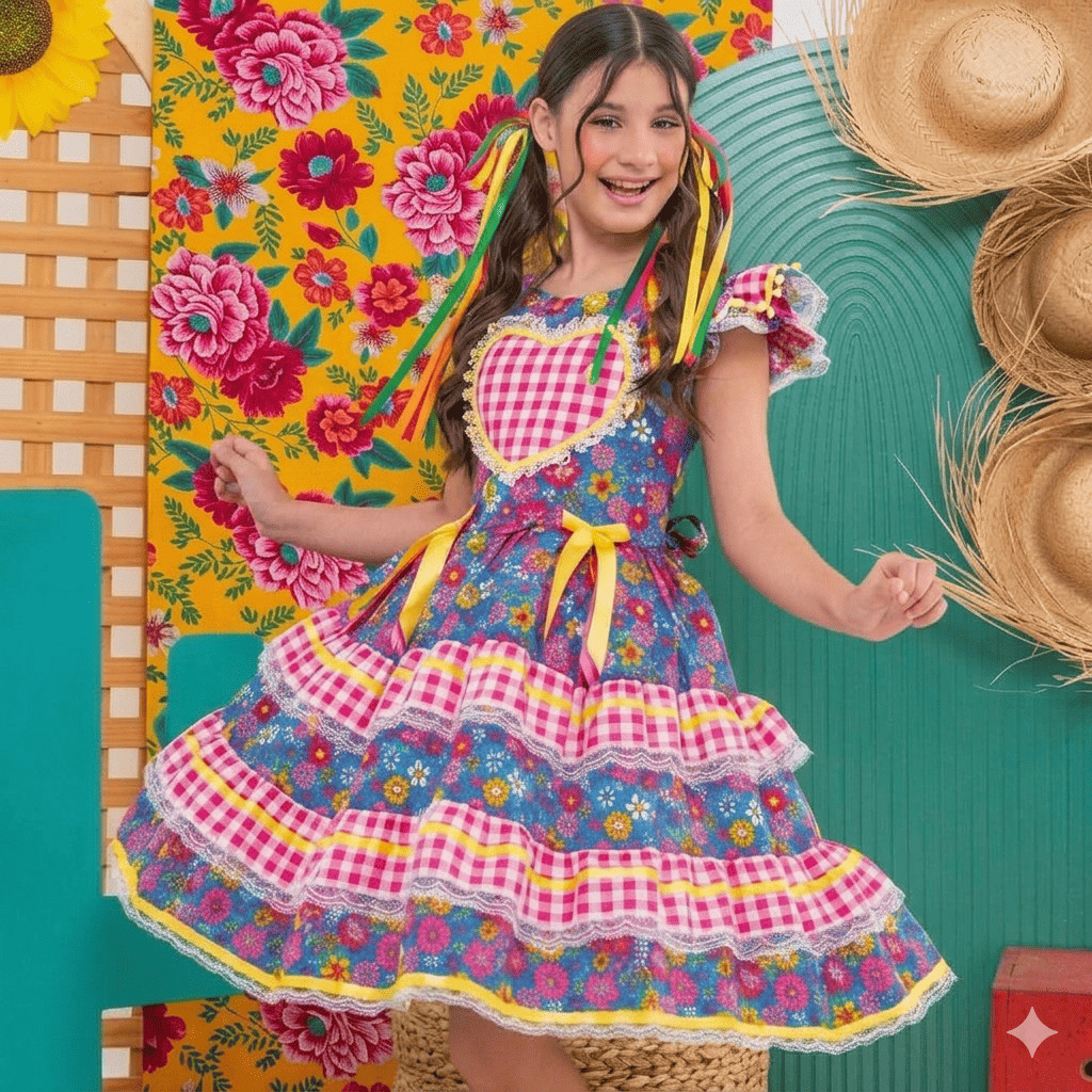 Vestido Festa Junina Luxo Carolina  Azul Chitinha