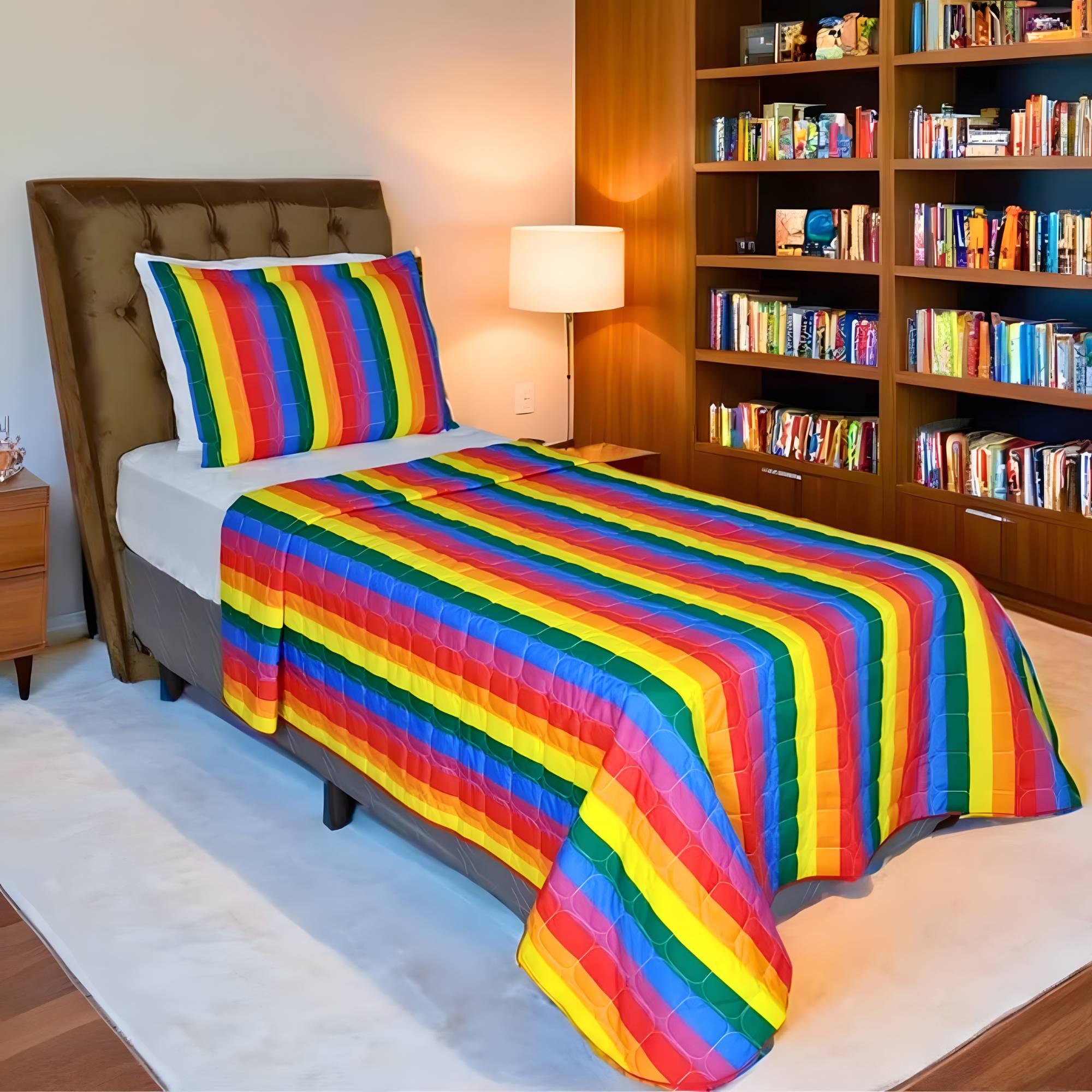 Colcha Cobre Leito Solteiro Colorido Dupla Face Todo Matelado 2 Peças Infantil Cobreleito Estampado