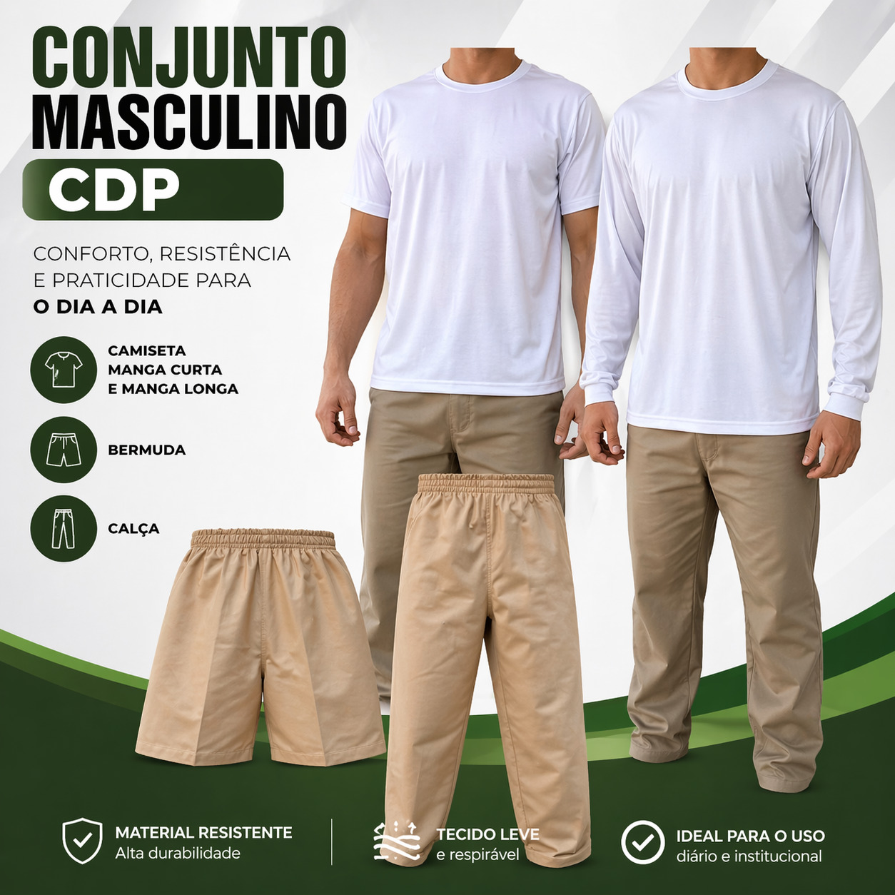 Conjunto Masculino Calça, Bermuda, Camiseta Manga Longa e Curta Uniforme CDP