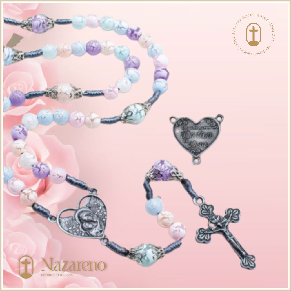 Terço Mãe Amor Que Protege Resina Colorida Prata Velha