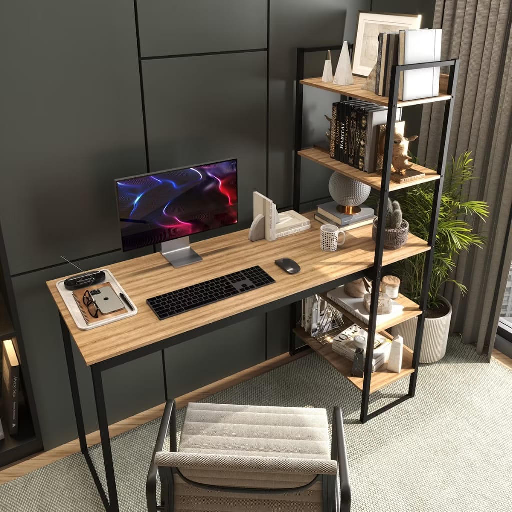 Escrivaninha Industrial com Estante Integrada   Mesa de Estudo e Home Office 140cm
