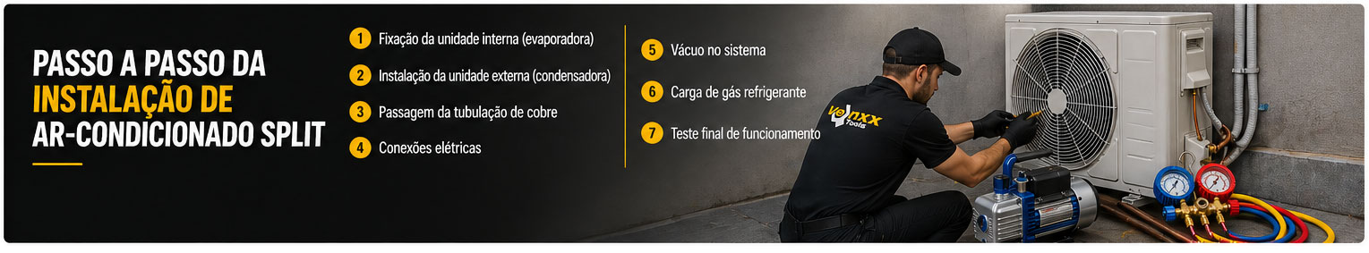 Passo a passo da instala&ccedil;&atilde;o de ar-condicionado split com etapas do processo profissional