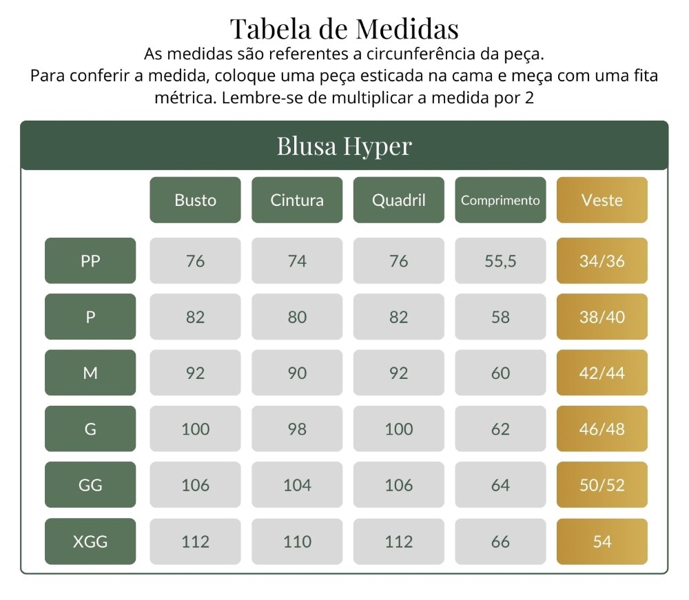Tabela de medidas Scrub Feminino Hyper cocoa (marrom) - medidas de busto, cintura, quadril e comprimento da blusa do tamanho PP ao XGG