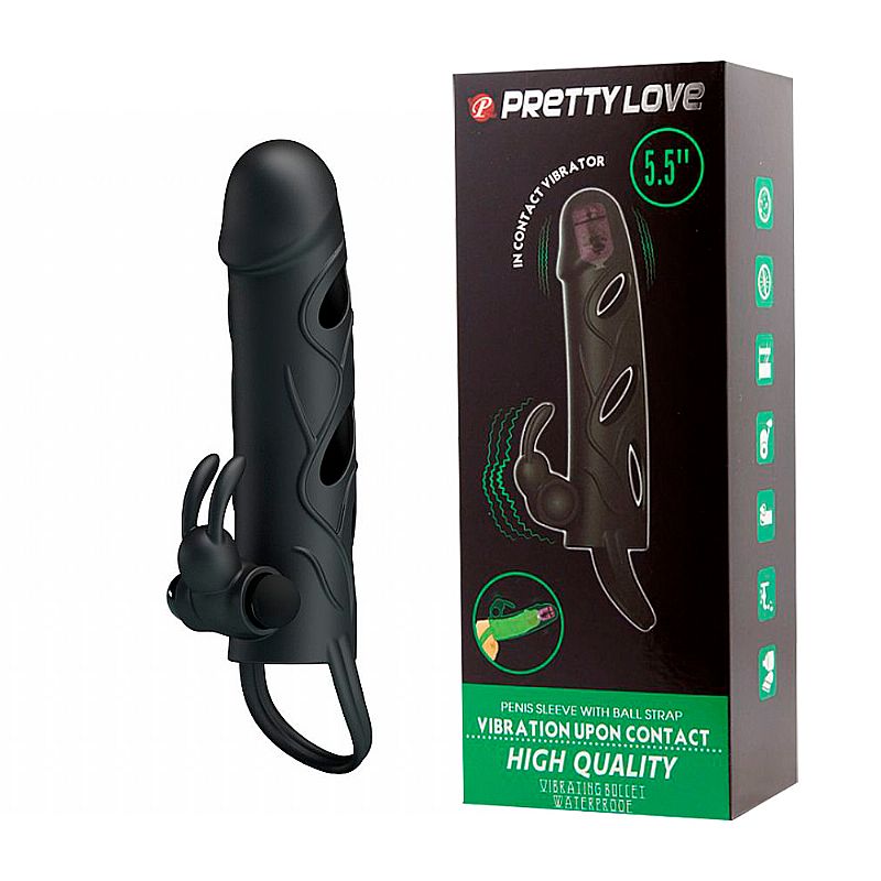 Capa Peniana Extensora Com Anel Para Escroto E Vibrador Preto 14 x 3,3 cm - Pretty Love