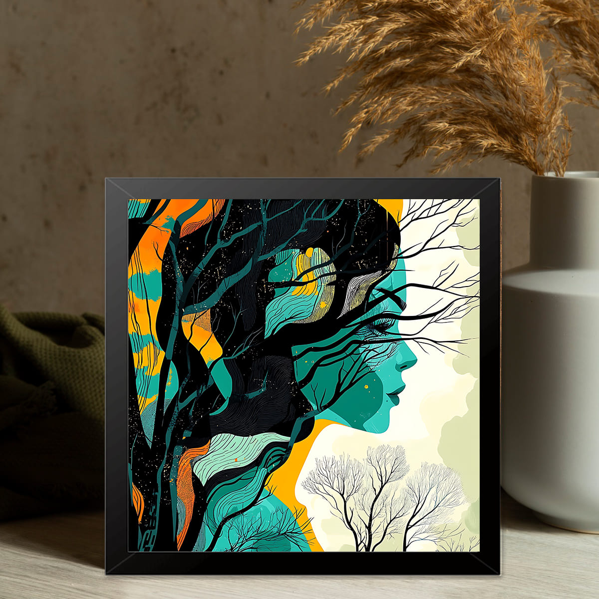 Quadro Decorativo Quadrado 30x30cm Abstrato Mulher e Natureza Moldura Tradicional