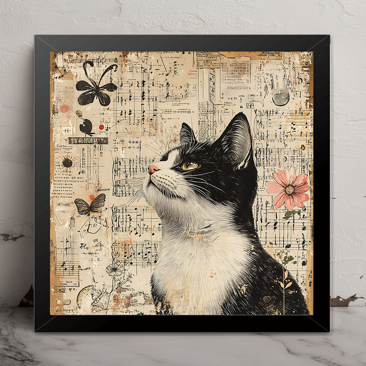 Quadro Decorativo Quadrado 30x30cm Estilo Colagem Gato Moldura Tradicional