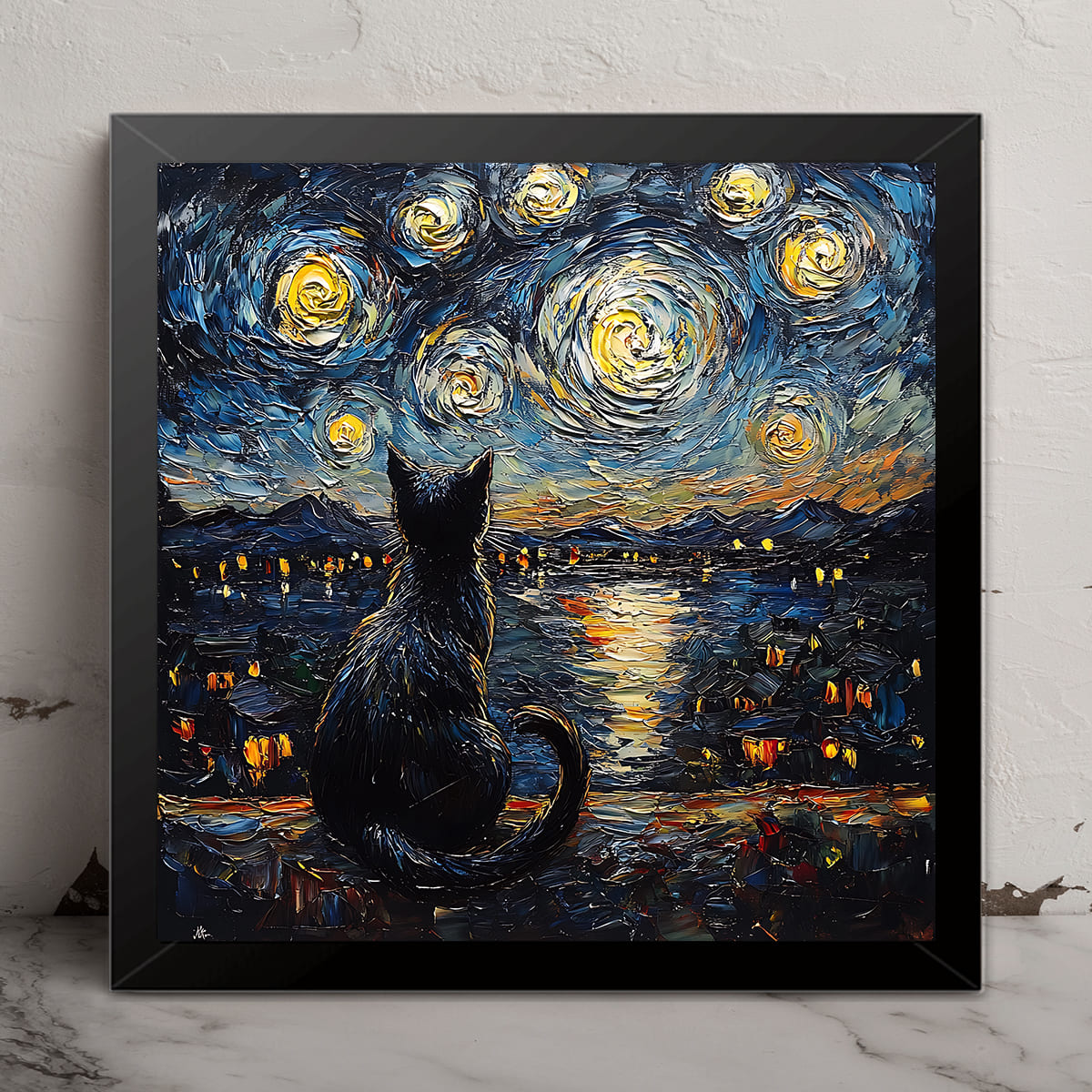 Quadro Decorativo Quadrado 30x30cm Gato Noite Estrelada Estilo Van Gogh Moldura Tradicional