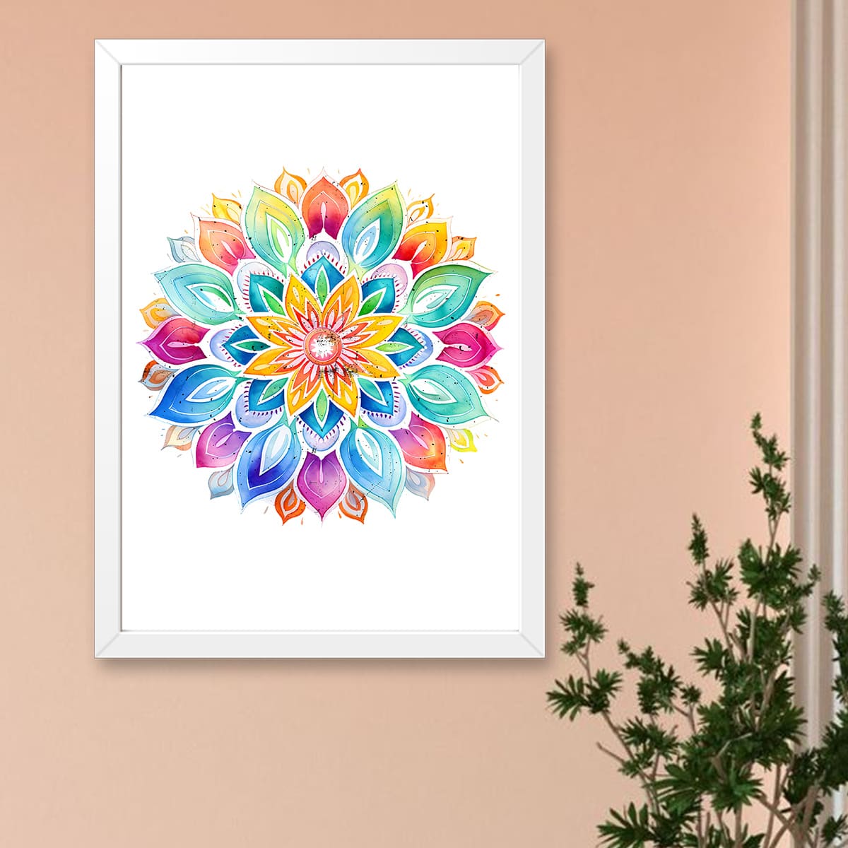 Quadro Decorativo A4 Mandala Aquarela Moldura Tradicional Branca