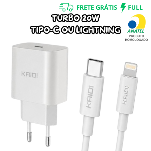 CARREGADOR TURBO FONTE TIPO-C + CABO TIPO-C PARA TIPO-C OU LIGHTNING 1 METRO PD 20W KD-108C/KD-108A
