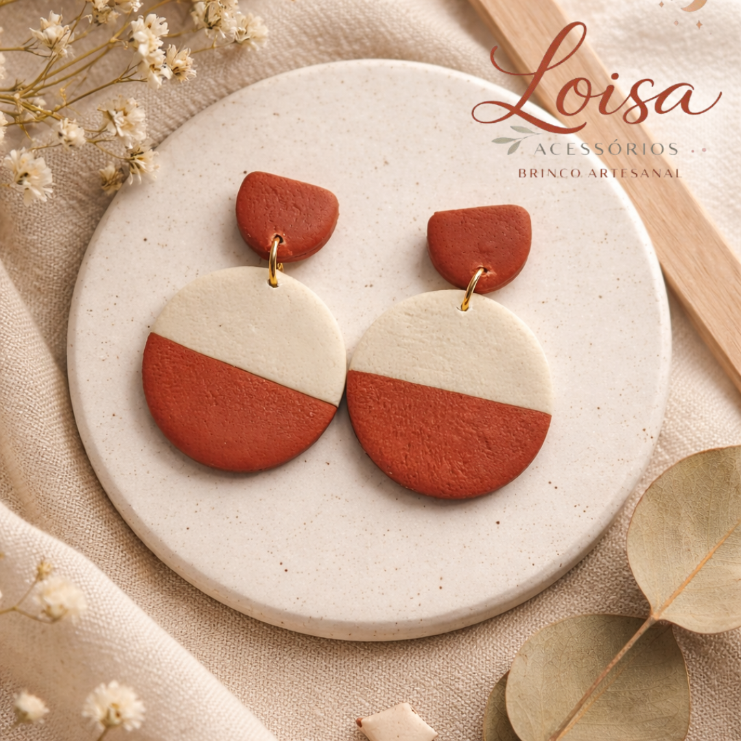 Brinco Ellenyce Artesanal em Cerâmica Plástica Polymer Clay Terracota e Areia