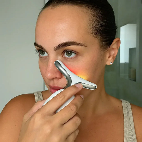 Mulher usando o Massageador Facial LED CICLO no contorno do rosto