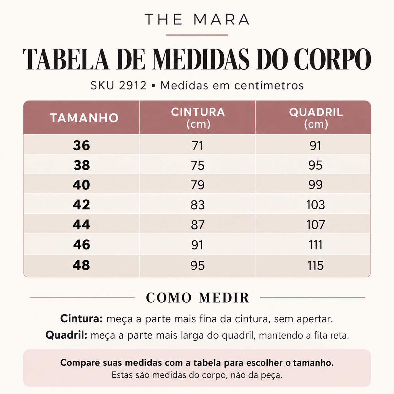 Tabela de medidas do SKU 2912 - The Mara